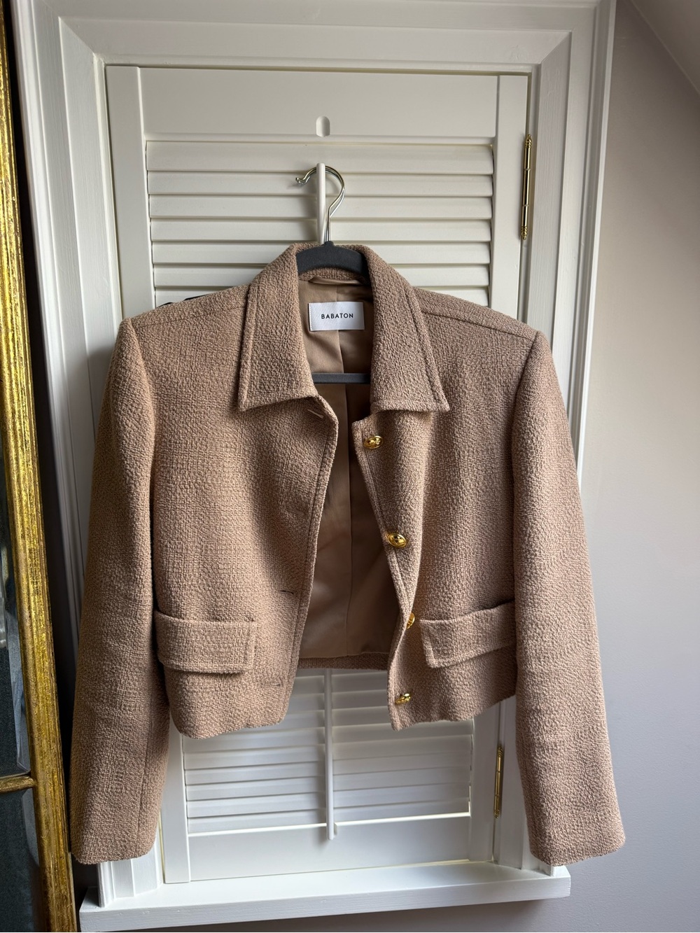 Babaton Cropped Camel Bouclé Blazer with Gold Buttons